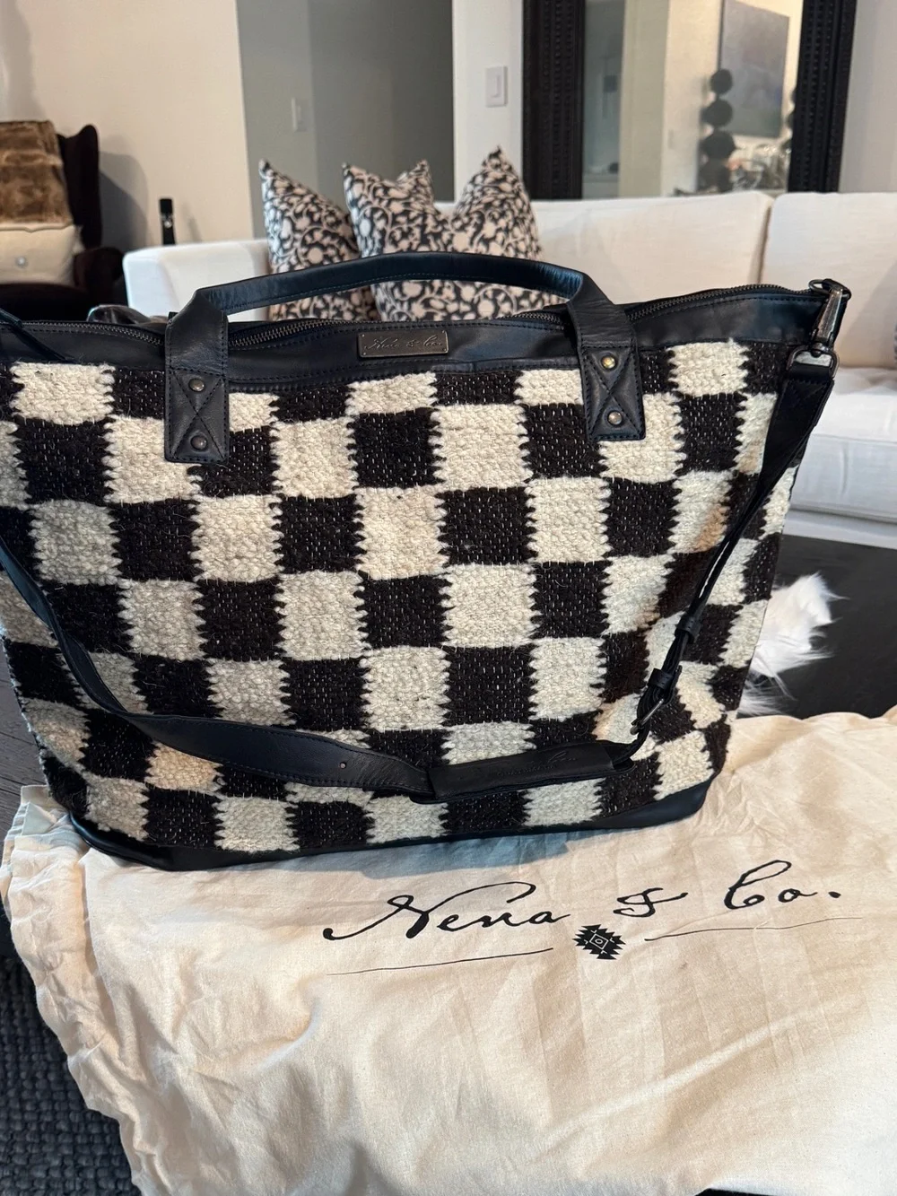 Nena & Co Brown and Cream Checkered Overnight Bag with Black Leather Trim - New! - Picture 3 of 17